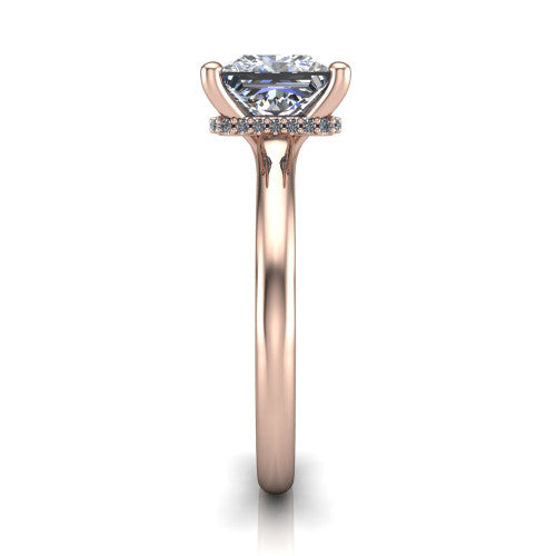 Jocelyn princess hidden halo engagement ring in 18K Rose Gold, side profile showing the hidden halo beneath the basket