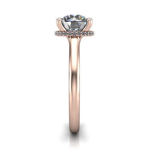 Jocelyn round hidden halo engagement ring in 18K Rose Gold, side profile showing the hidden halo beneath the basket