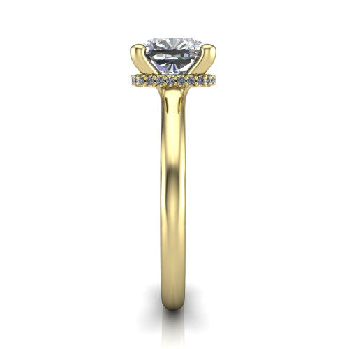 Jocelyn cushion hidden halo engagement ring in 18K Yellow Gold, side profile showing the hidden halo beneath the basket