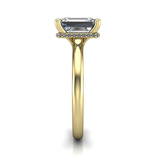 Jocelyn emerald hidden halo engagement ring in 14K Yellow Gold, side profile showing the hidden halo beneath the basket