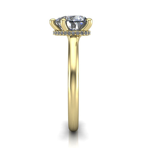 Jocelyn heart hidden halo engagement ring in 14K Yellow Gold, side profile showing the hidden halo beneath the basket