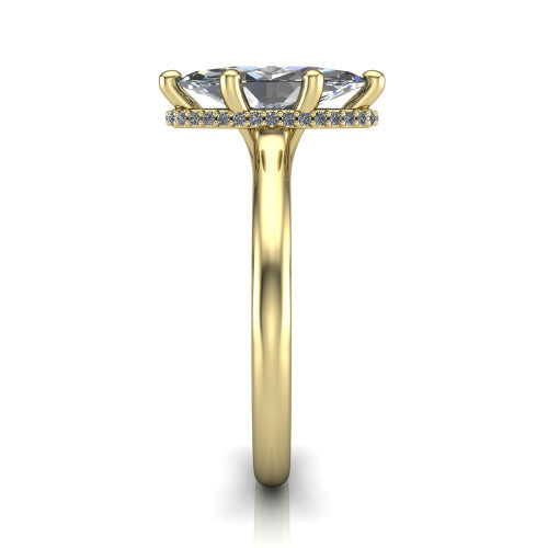 Jocelyn marquise hidden halo engagement ring in 14K Yellow Gold, side profile showing the hidden halo beneath the basket