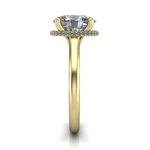 Jocelyn oval hidden halo engagement ring in 14K Yellow Gold, side profile showing the hidden halo beneath the basket