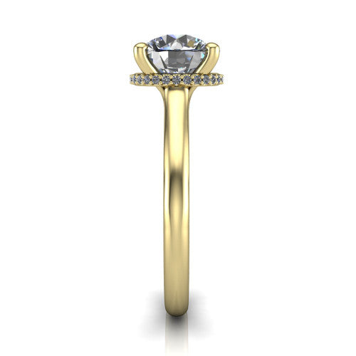 Jocelyn round hidden halo engagement ring in 18K Yellow Gold, side profile showing the hidden halo beneath the basket