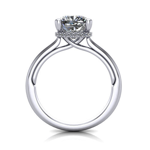 Jocelyn cushion hidden halo engagement ring in 18K White Gold, through-finger front profile showing the concealed pave halo