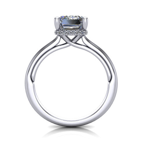 Jocelyn emerald hidden halo engagement ring in Platinum, through-finger front profile showing the concealed pave halo
