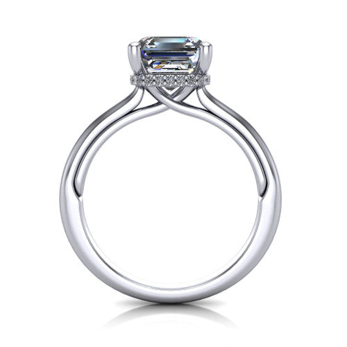 Jocelyn square emerald hidden halo engagement ring in 18K White Gold, through-finger front profile showing the concealed pave halo