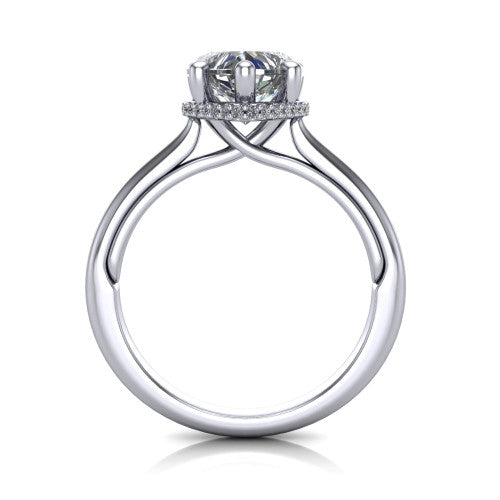 Jocelyn heart hidden halo engagement ring in 14K White Gold, through-finger front profile showing the concealed pave halo
