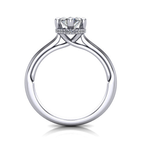 Jocelyn marquise hidden halo engagement ring in Platinum, through-finger front profile showing the concealed pave halo