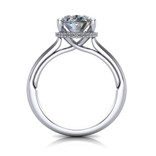 Jocelyn oval hidden halo engagement ring in 18K White Gold, through-finger front profile showing the concealed pave halo