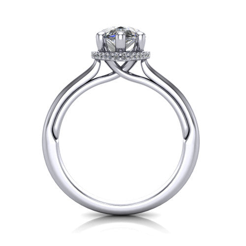 Jocelyn pear hidden halo engagement ring in Platinum, through-finger front profile showing the concealed pave halo