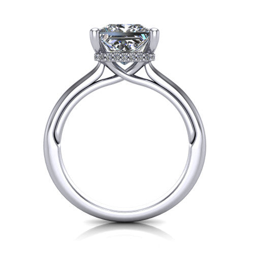 Jocelyn princess hidden halo engagement ring in 14K White Gold, through-finger front profile showing the concealed pave halo
