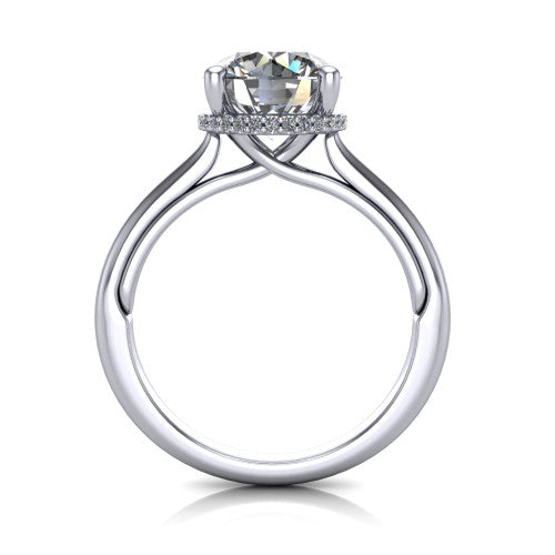 Jocelyn round hidden halo engagement ring in 14K White Gold, through-finger front profile showing the concealed pave halo