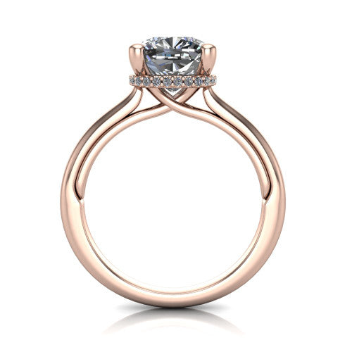 Jocelyn cushion hidden halo engagement ring in 18K Rose Gold, through-finger front profile showing the concealed pave halo