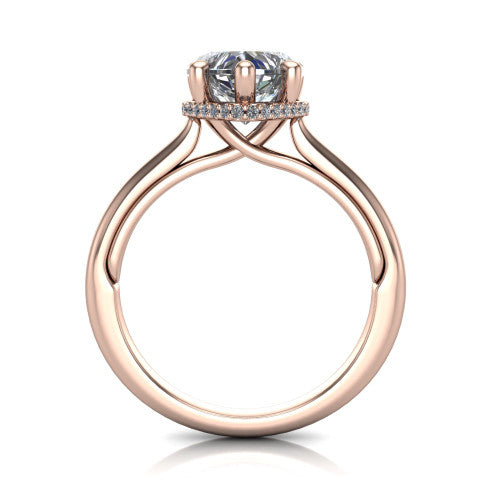 Jocelyn heart hidden halo engagement ring in 14K Rose Gold, through-finger front profile showing the concealed pave halo