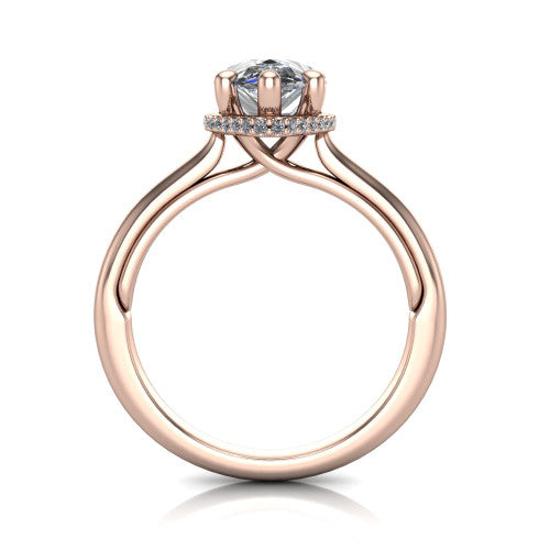 Jocelyn pear hidden halo engagement ring in 14K Rose Gold, through-finger front profile showing the concealed pave halo