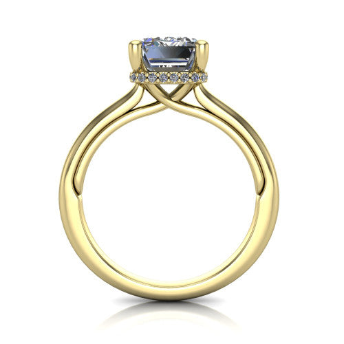 Jocelyn emerald hidden halo engagement ring in 14K Yellow Gold, through-finger front profile showing the concealed pave halo