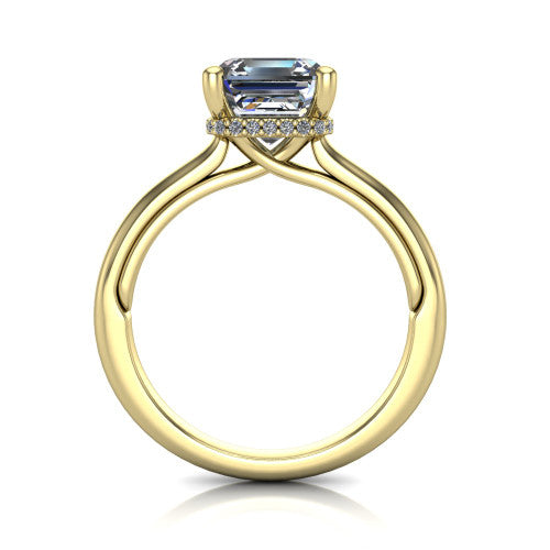 Jocelyn square emerald hidden halo engagement ring in 18K Yellow Gold, through-finger front profile showing the concealed pave halo