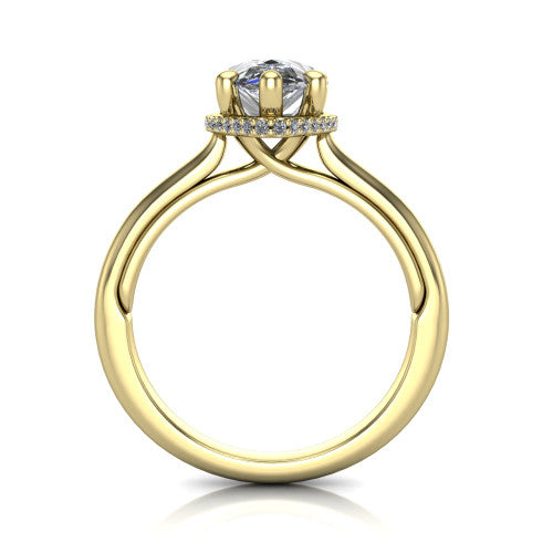 Jocelyn pear hidden halo engagement ring in 14K Yellow Gold, through-finger front profile showing the concealed pave halo