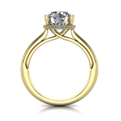 Jocelyn round hidden halo engagement ring in 18K Yellow Gold, through-finger front profile showing the concealed pave halo