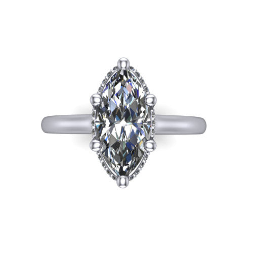 Jocelyn marquise hidden halo engagement ring in 14K White Gold, top-down view showing the four-prong marquise center diamond