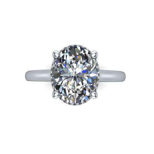 Jocelyn oval hidden halo engagement ring in Platinum, top-down view showing the four-prong oval center diamond