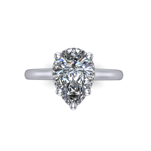 Jocelyn pear hidden halo engagement ring in 18K White Gold, top-down view showing the four-prong pear center diamond