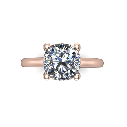 Jocelyn cushion hidden halo engagement ring in 18K Rose Gold, top-down view showing the four-prong cushion center diamond