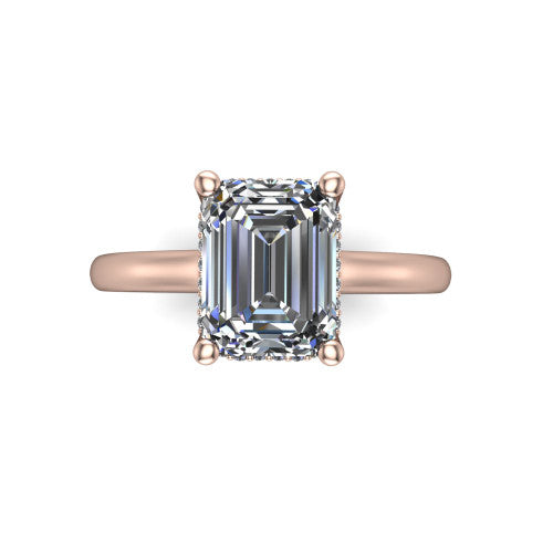 Jocelyn emerald hidden halo engagement ring in 14K Rose Gold, top-down view showing the four-prong emerald center diamond