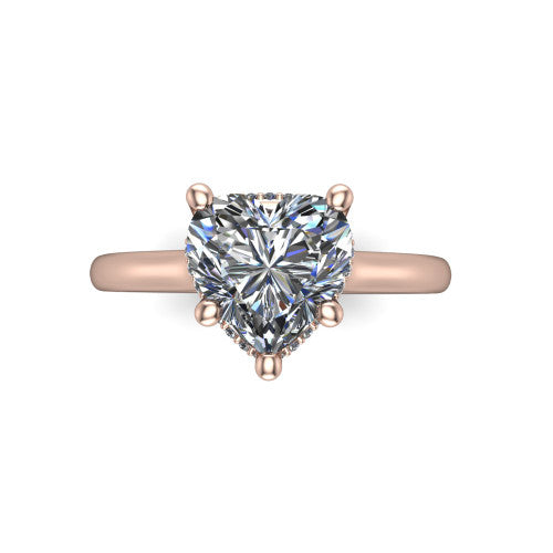 Jocelyn heart hidden halo engagement ring in 14K Rose Gold, top-down view showing the four-prong heart center diamond