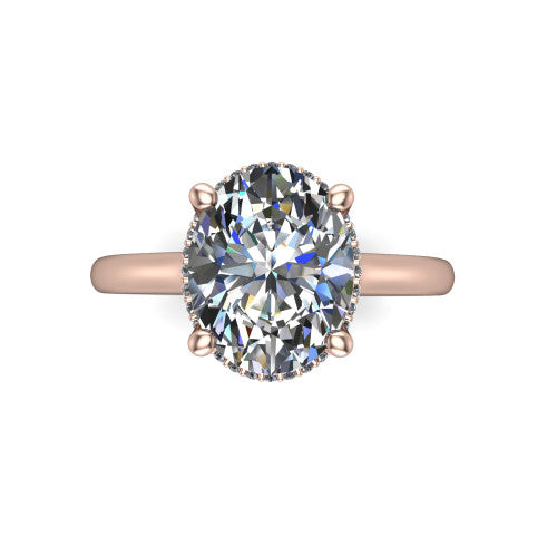 Jocelyn oval hidden halo engagement ring in 14K Rose Gold, top-down view showing the four-prong oval center diamond