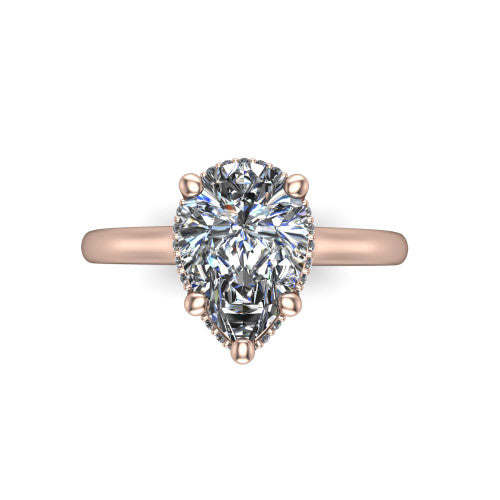 Jocelyn pear hidden halo engagement ring in 14K Rose Gold, top-down view showing the four-prong pear center diamond