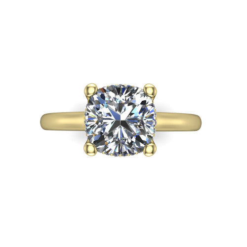 Jocelyn cushion hidden halo engagement ring in 14K Yellow Gold, top-down view showing the four-prong cushion center diamond