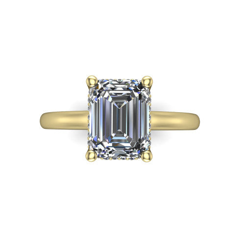 Jocelyn emerald hidden halo engagement ring in 14K Yellow Gold, top-down view showing the four-prong emerald center diamond