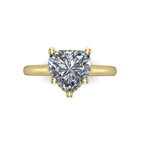 Jocelyn heart hidden halo engagement ring in 18K Yellow Gold, top-down view showing the four-prong heart center diamond