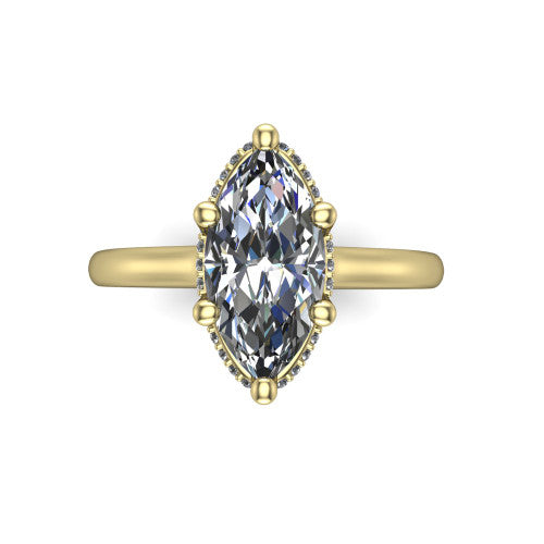 Jocelyn marquise hidden halo engagement ring in 18K Yellow Gold, top-down view showing the four-prong marquise center diamond