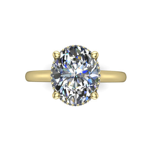 Jocelyn oval hidden halo engagement ring in 14K Yellow Gold, top-down view showing the four-prong oval center diamond