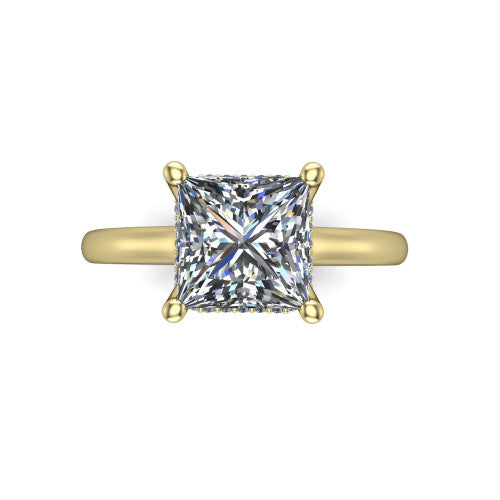 Jocelyn princess hidden halo engagement ring in 18K Yellow Gold, top-down view showing the four-prong princess center diamond
