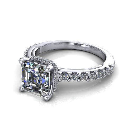 Nadia square emerald hidden halo engagement ring in 18K White Gold, three-quarter perspective showing the step-cut square emerald center diamond with a hidden pave halo beneath the center stone on a pave eternity band