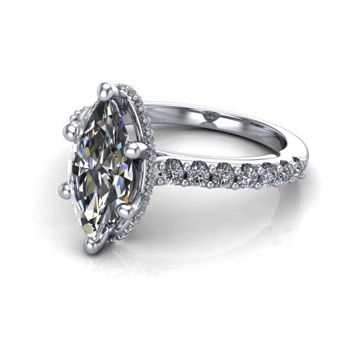 Nadia marquise hidden halo engagement ring in Platinum, three-quarter perspective showing the brilliant marquise center diamond with a hidden pave halo beneath the center stone on a pave eternity band