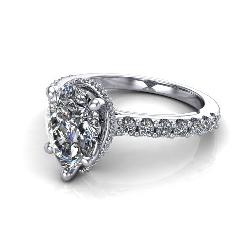 Nadia pear hidden halo engagement ring in 14K White Gold, three-quarter perspective showing the brilliant pear-cut center diamond with a hidden pave halo beneath the center stone on a pave eternity band