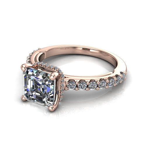 Nadia square emerald hidden halo engagement ring in 14K Rose Gold, three-quarter perspective showing the step-cut square emerald center diamond with a hidden pave halo beneath the center stone on a pave eternity band