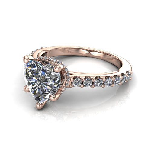 Nadia heart hidden halo engagement ring in 14K Rose Gold, three-quarter perspective showing the brilliant heart-shaped center diamond with a hidden pave halo beneath the center stone on a pave eternity band