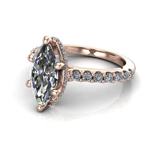 Nadia marquise hidden halo engagement ring in 18K Rose Gold, three-quarter perspective showing the brilliant marquise center diamond with a hidden pave halo beneath the center stone on a pave eternity band