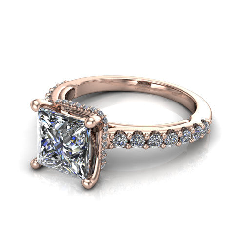 Nadia princess halo engagement ring in 18K Rose Gold, three-quarter perspective showing the brilliant princess-cut center diamond with a pave halo around the center stone on a pave eternity band
