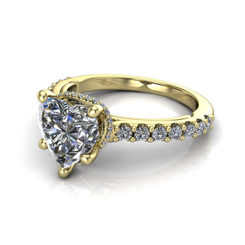 Nadia heart hidden halo engagement ring in 18K Yellow Gold, three-quarter perspective showing the brilliant heart-shaped center diamond with a hidden pave halo beneath the center stone on a pave eternity band