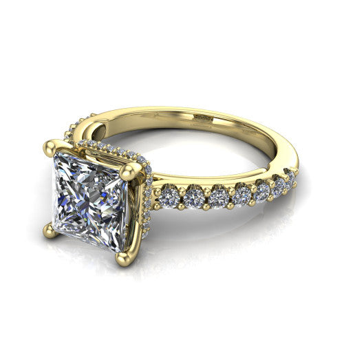 Nadia princess halo engagement ring in 14K Yellow Gold, three-quarter perspective showing the brilliant princess-cut center diamond with a pave halo around the center stone on a pave eternity band