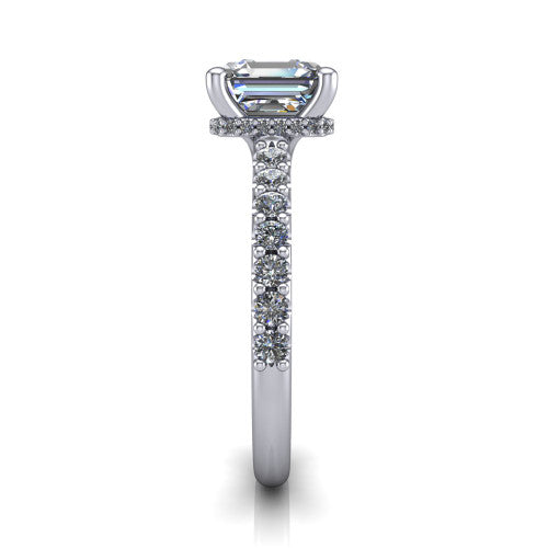 Nadia square emerald hidden halo engagement ring in 18K White Gold, side profile showing the hidden pave halo under the center stone and pave diamonds running continuously around the shank