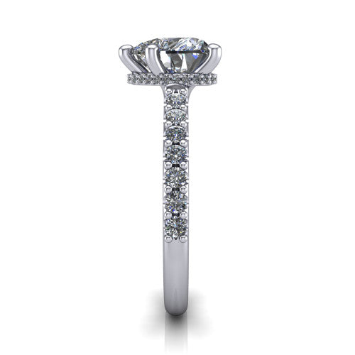 Nadia heart hidden halo engagement ring in 14K White Gold, side profile showing the hidden pave halo under the center stone and pave diamonds running continuously around the shank