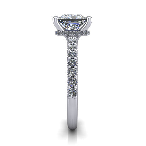 Nadia princess halo engagement ring in 14K White Gold, side profile showing the halo head and pave diamonds running continuously around the shank